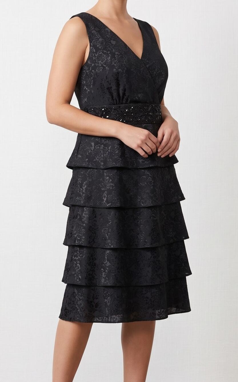 Collection Dressbarn Womens 14W Sleeveless V Neck Black Tiered Dress